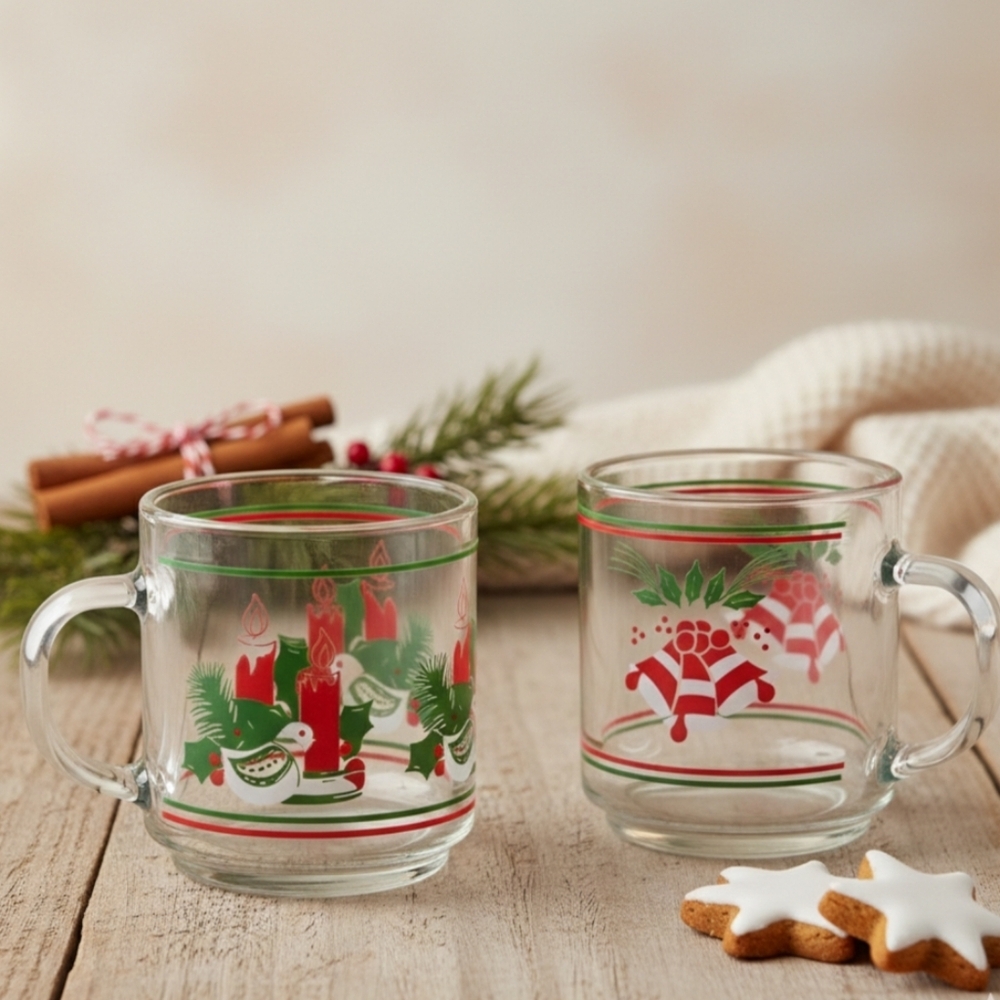 KIG Indonesia Set of 2 Vintage Christmas Pressed Glass Mugs